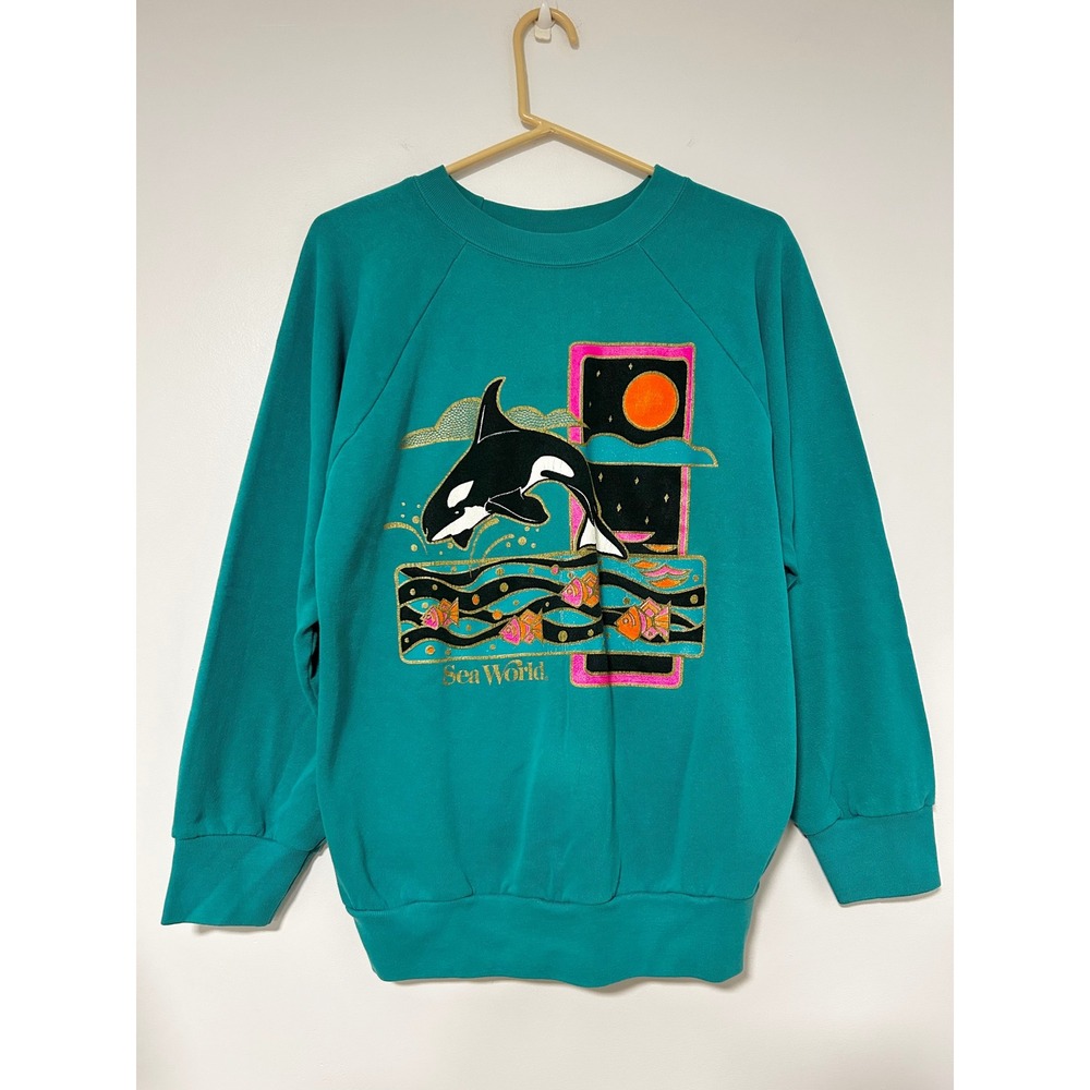 Vintage 90s Sea World Orca Whale Teal Sweatshirt Signal Mega Fleece USA Large